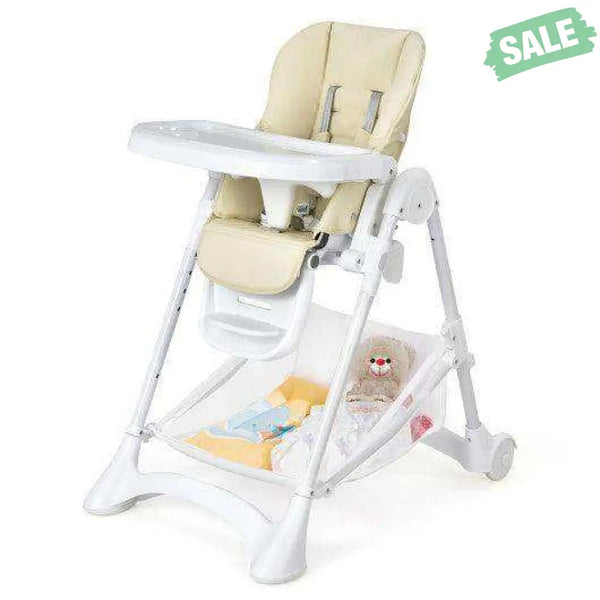 Baby Convertible Folding Adjustable High Chair with Wheel Tray Storage Basket-Beige Beige High Chairs