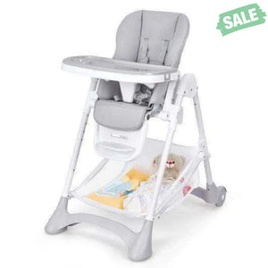 Baby Convertible Folding Adjustable High Chair with Wheel Tray Storage Basket-Beige Beige High Chairs