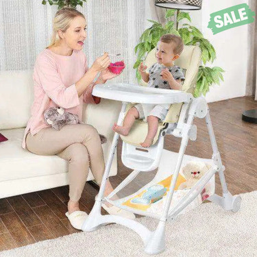 Baby Convertible Folding Adjustable High Chair with Wheel Tray Storage Basket-Beige Beige High Chairs