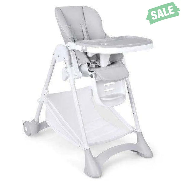 Baby Convertible Folding Adjustable High Chair with Wheel Tray Storage Basket-Beige Beige High Chairs