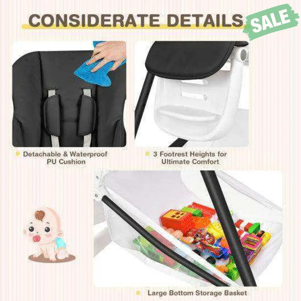 Baby Convertible Folding Adjustable High Chair with Wheel Tray Storage Basket-Beige Beige High Chairs