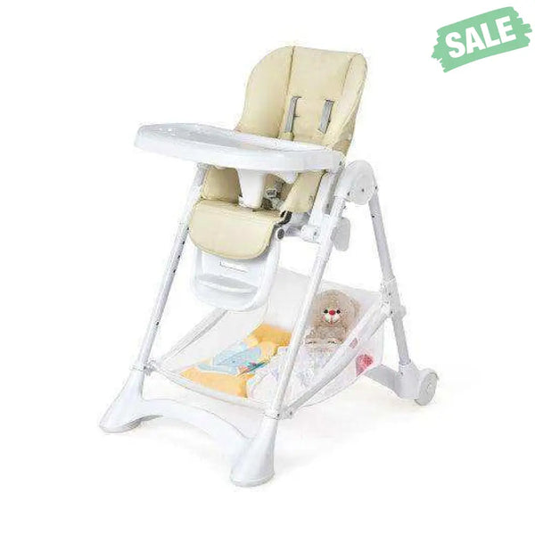 Baby Convertible Folding Adjustable High Chair with Wheel Tray Storage Basket-Beige Beige High Chairs