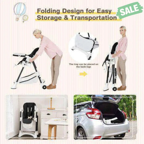 Baby Convertible Folding Adjustable High Chair with Wheel Tray Storage Basket-Beige Beige High Chairs