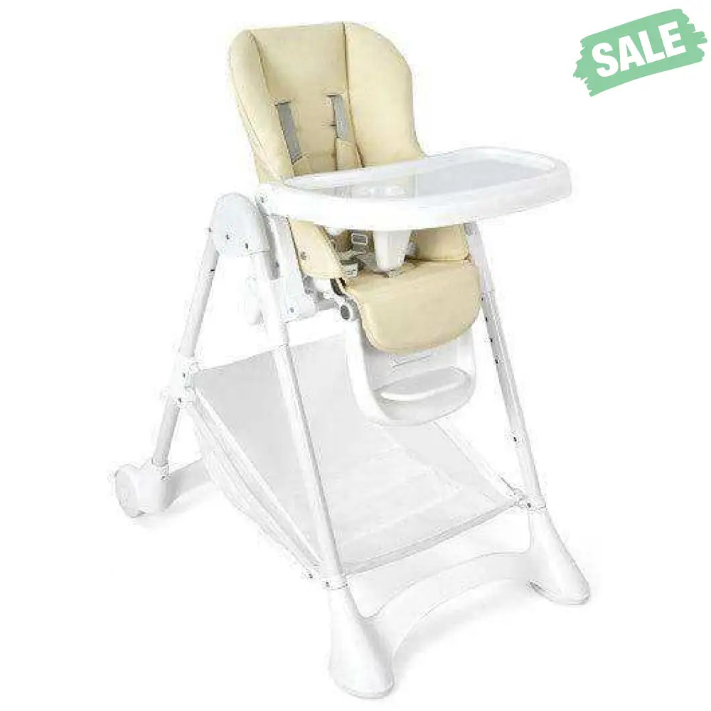 Baby Convertible Folding Adjustable High Chair with Wheel Tray Storage Basket-Beige Beige High Chairs