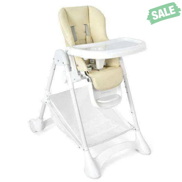 Baby Convertible Folding Adjustable High Chair with Wheel Tray Storage Basket-Beige Beige High Chairs