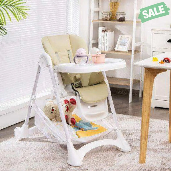 Baby Convertible Folding Adjustable High Chair with Wheel Tray Storage Basket-Beige Beige High Chairs