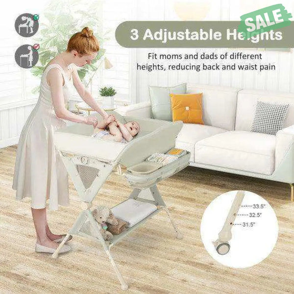 Baby Diaper Changing Table with Water Basin Wheel-Green