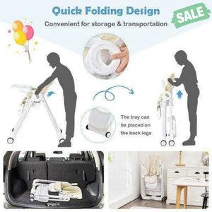 Baby Folding Convertible High Chair with Wheels and Adjustable Height-Beige Beige High Chairs