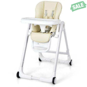 Baby Folding Convertible High Chair with Wheels and Adjustable Height-Beige High Chairs