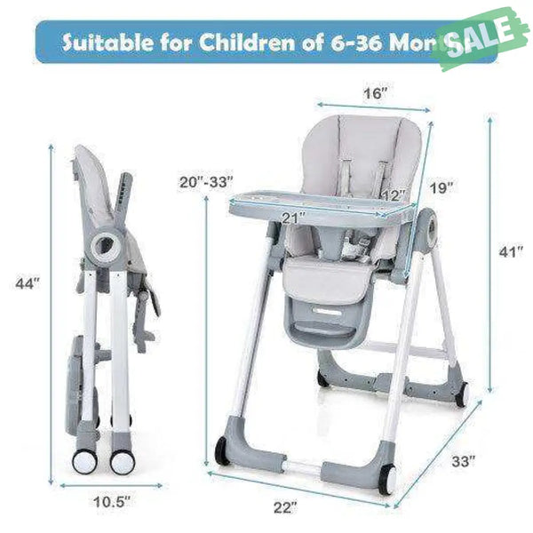 Baby Folding Convertible High Chair with Wheels and Adjustable Height-Beige High Chairs