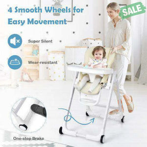 Baby Folding Convertible High Chair with Wheels and Adjustable Height-Beige High Chairs
