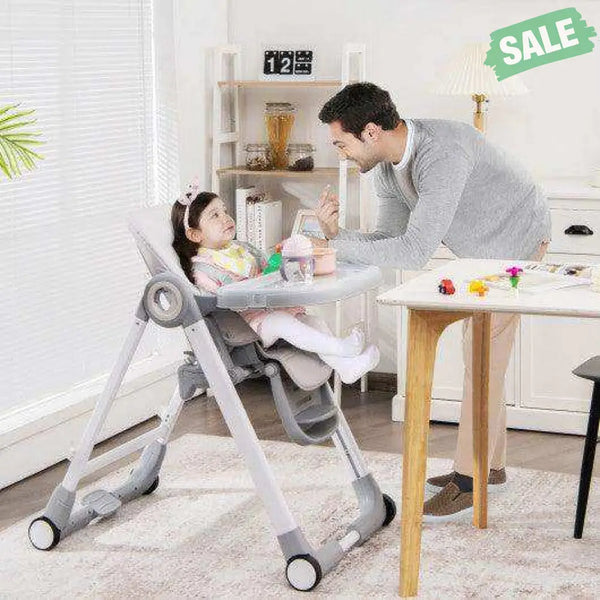 Baby Folding Convertible High Chair with Wheels and Adjustable Height-Beige High Chairs