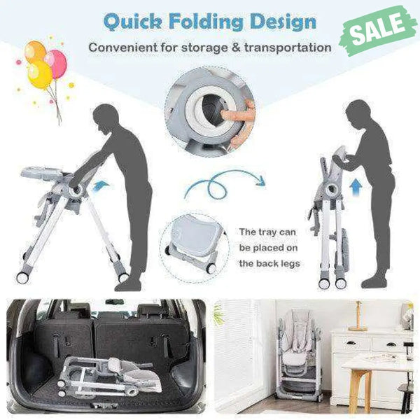 Baby Folding Convertible High Chair with Wheels and Adjustable Height-Beige High Chairs