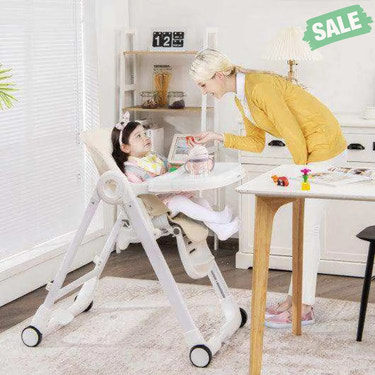 Baby Folding Convertible High Chair with Wheels and Adjustable Height-Beige High Chairs