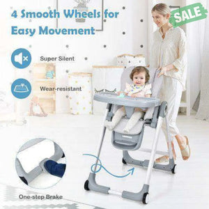 Baby Folding Convertible High Chair with Wheels and Adjustable Height-Beige Gray High Chairs
