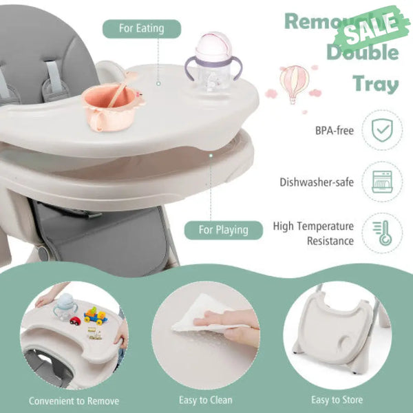 Baby Folding High Chair Dining Chair with Adjustable Height and Footrest-Gray High Chairs