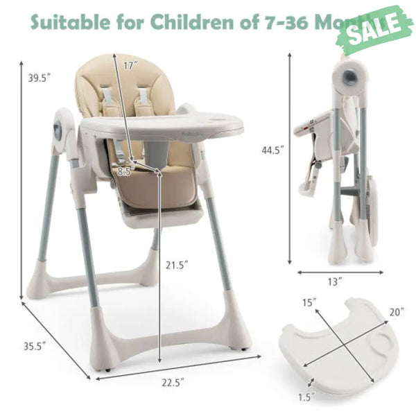 Baby Folding High Chair Dining Chair with Adjustable Height and Footrest-Gray High Chairs