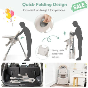 Baby Folding High Chair Dining Chair with Adjustable Height and Footrest-Gray Beige High Chairs
