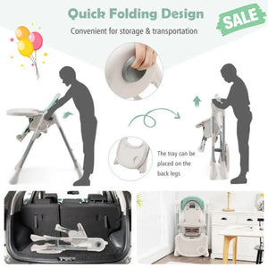 Baby Folding High Chair Dining Chair with Adjustable Height and Footrest-Gray Green High Chairs