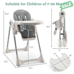 Baby Folding High Chair Dining Chair with Adjustable Height and Footrest-Gray High Chairs
