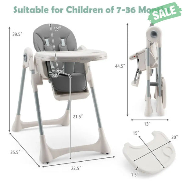 Baby Folding High Chair Dining Chair with Adjustable Height and Footrest-Gray High Chairs