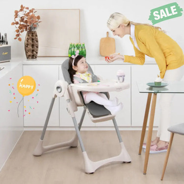 Baby Folding High Chair Dining Chair with Adjustable Height and Footrest-Gray High Chairs