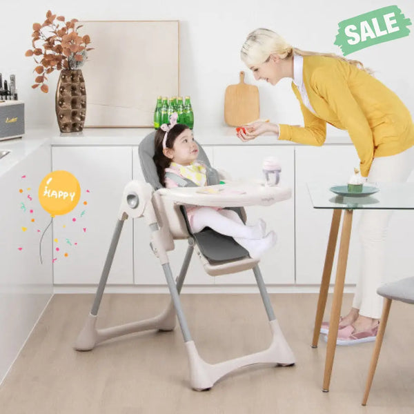 Baby Folding High Chair Dining Chair with Adjustable Height and Footrest-Gray High Chairs