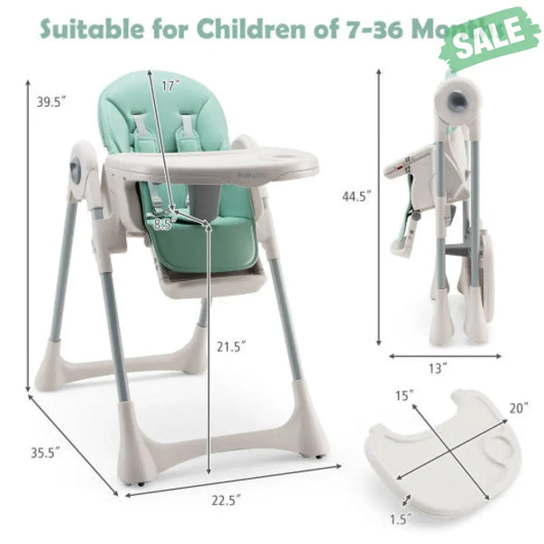 Baby Folding High Chair Dining Chair with Adjustable Height and Footrest-Gray High Chairs