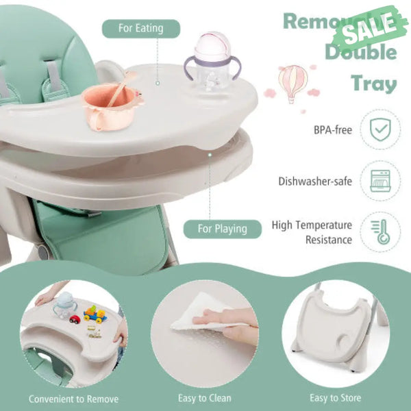 Baby Folding High Chair Dining Chair with Adjustable Height and Footrest-Gray High Chairs