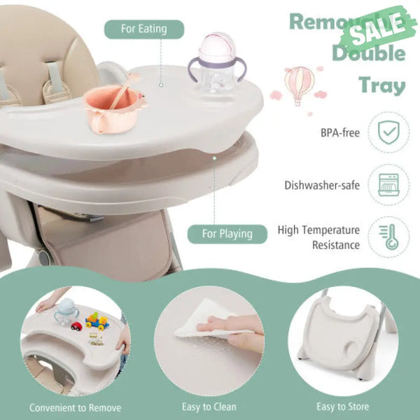 Baby Folding High Chair Dining Chair with Adjustable Height and Footrest-Gray High Chairs