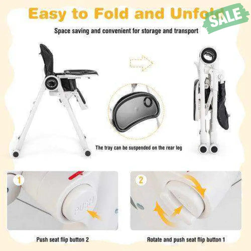 Baby High Chair Foldable Feeding Chair with 4 Lockable Wheels-Black Black High Chairs