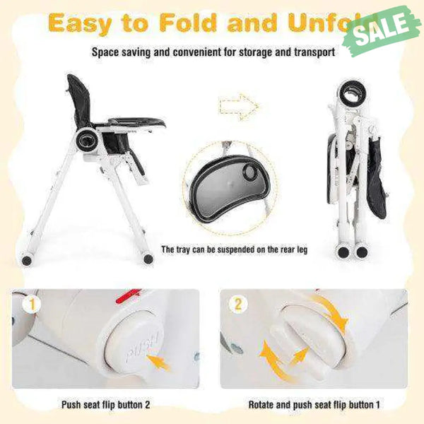 Baby High Chair Foldable Feeding Chair with 4 Lockable Wheels-Black Black High Chairs