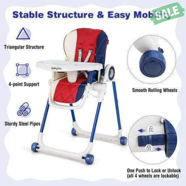 Baby High Chair Foldable Feeding Chair with 4 Lockable Wheels-Black Black High Chairs