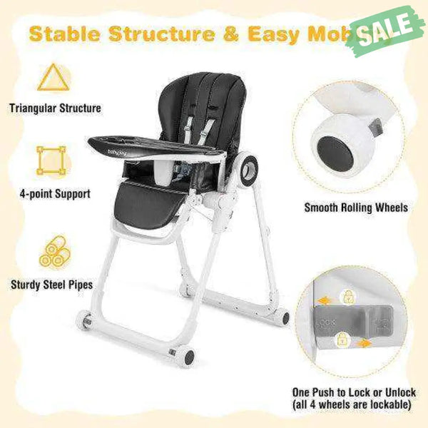 Baby High Chair Foldable Feeding Chair with 4 Lockable Wheels-Black Black High Chairs