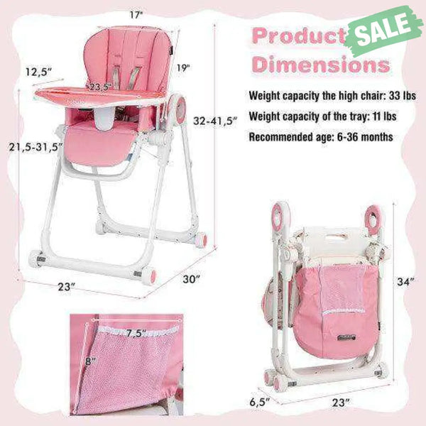 Baby High Chair Foldable Feeding Chair with 4 Lockable Wheels-Black Black High Chairs