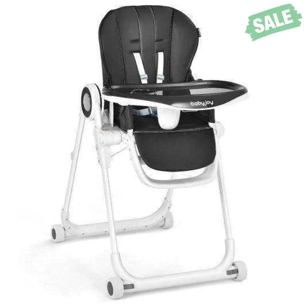 Baby High Chair Foldable Feeding Chair with 4 Lockable Wheels-Black Black High Chairs