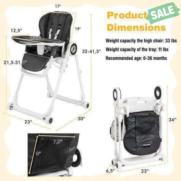 Baby High Chair Foldable Feeding Chair with 4 Lockable Wheels-Black Black High Chairs