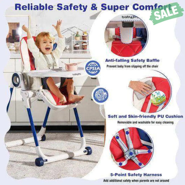 Baby High Chair Foldable Feeding Chair with 4 Lockable Wheels-Black Black High Chairs