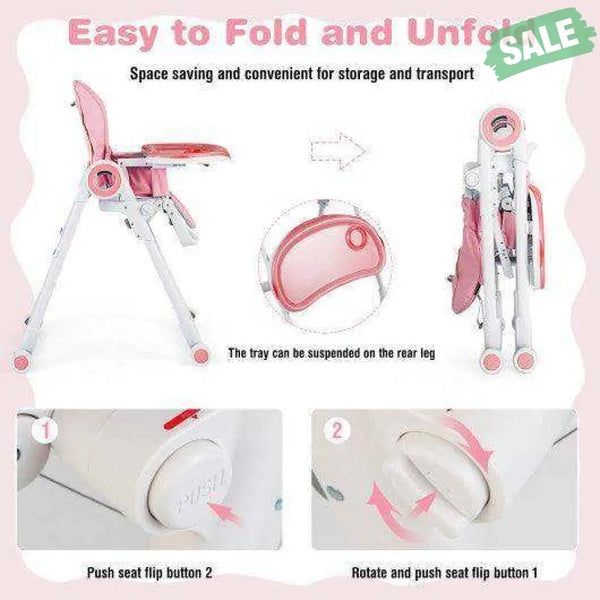 Baby High Chair Foldable Feeding Chair with 4 Lockable Wheels-Black Black High Chairs