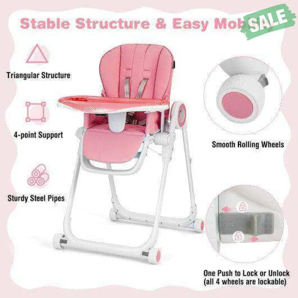 Baby High Chair Foldable Feeding Chair with 4 Lockable Wheels-Black Black High Chairs