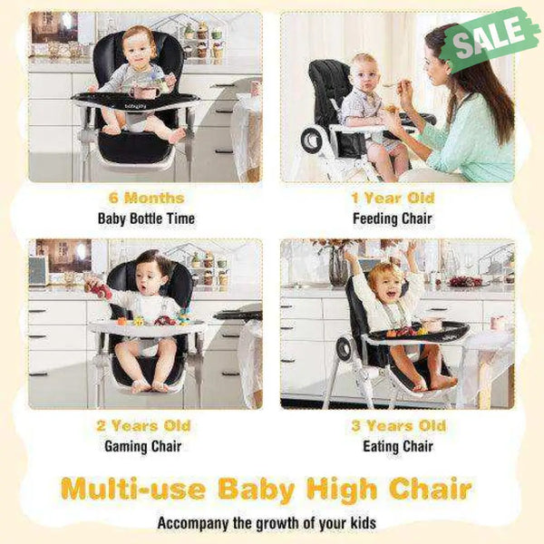 Baby High Chair Foldable Feeding Chair with 4 Lockable Wheels-Black Black High Chairs