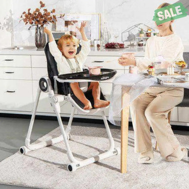 Baby High Chair Foldable Feeding Chair with 4 Lockable Wheels-Black Black High Chairs