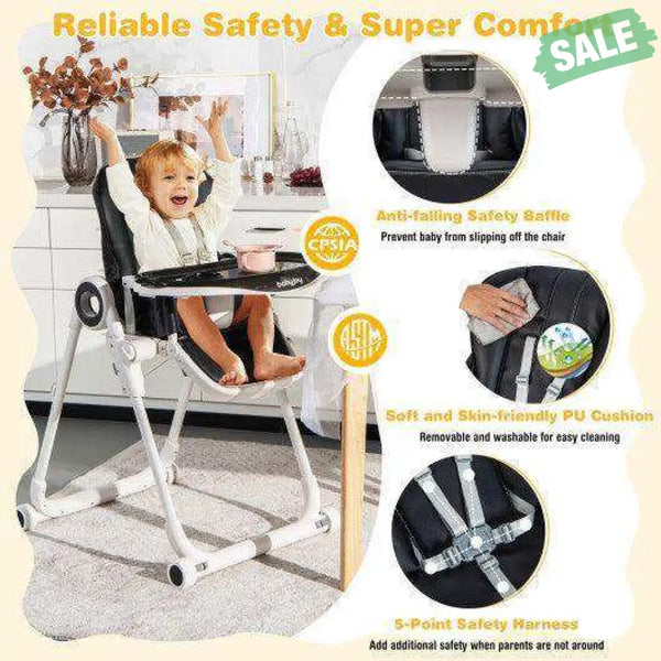 Baby High Chair Foldable Feeding Chair with 4 Lockable Wheels-Black Black High Chairs