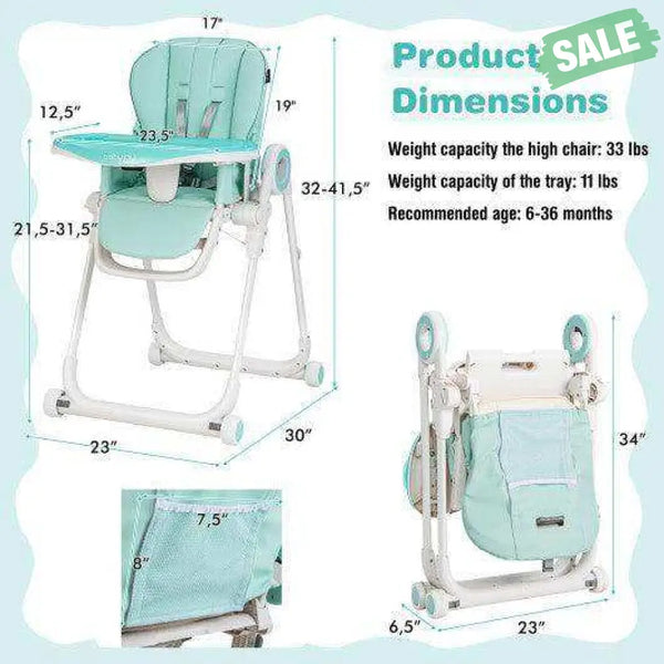 Baby High Chair Foldable Feeding Chair with 4 Lockable Wheels-Black Black High Chairs