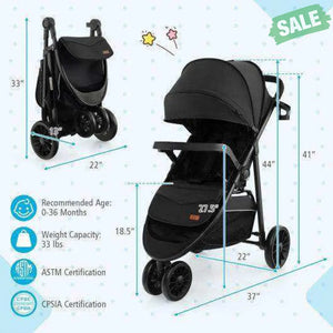 Baby Jogging Stroller with Adjustable Canopy for Newborn-Black Black Baby Strollers