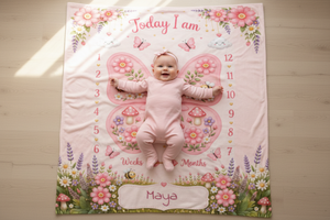 Personalized Baby Weekly & Monthly Milestone Blanket – Photoshoot Prop with Butterfly Garden Design