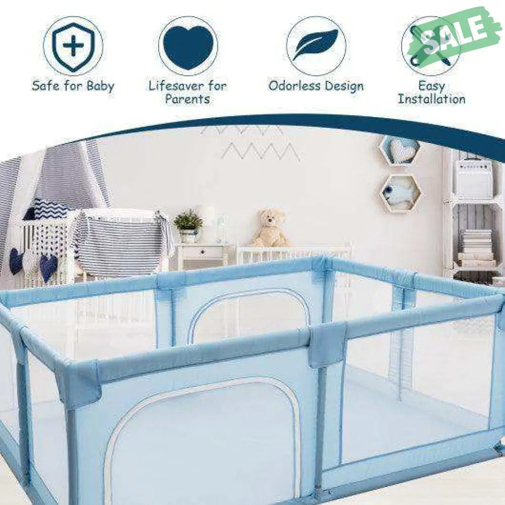 Baby Playpen Extra Large Kids Activity Center Safety Play-Blue Gray Baby Playpen & Playards