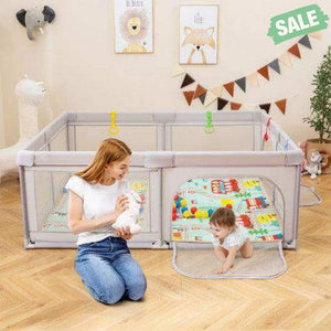 Baby Playpen with Mat and Breathable Mesh-Gray