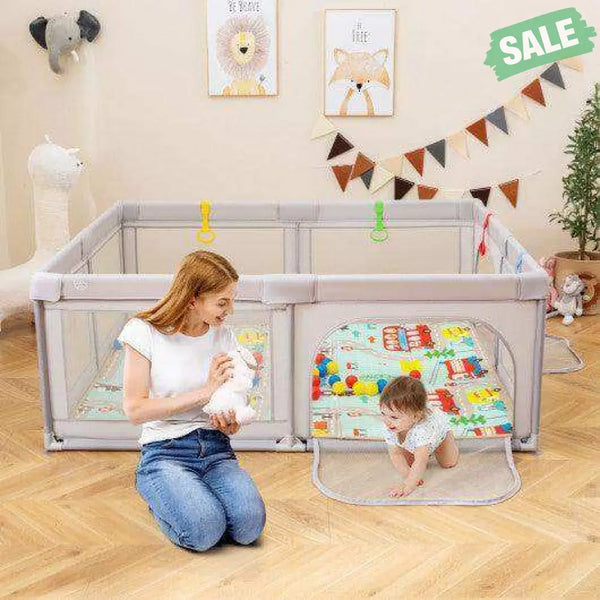 Baby Playpen with Mat and Breathable Mesh-Gray
