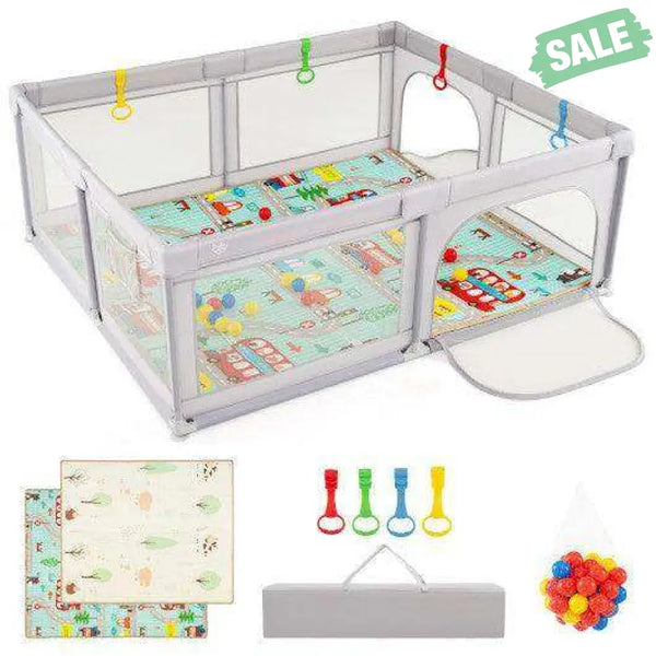 Baby Playpen with Mat and Breathable Mesh-Gray